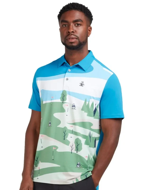 Men Original Penguin Shirts< Pete On The Course Novelty Print Polo - Mediterranean Blue