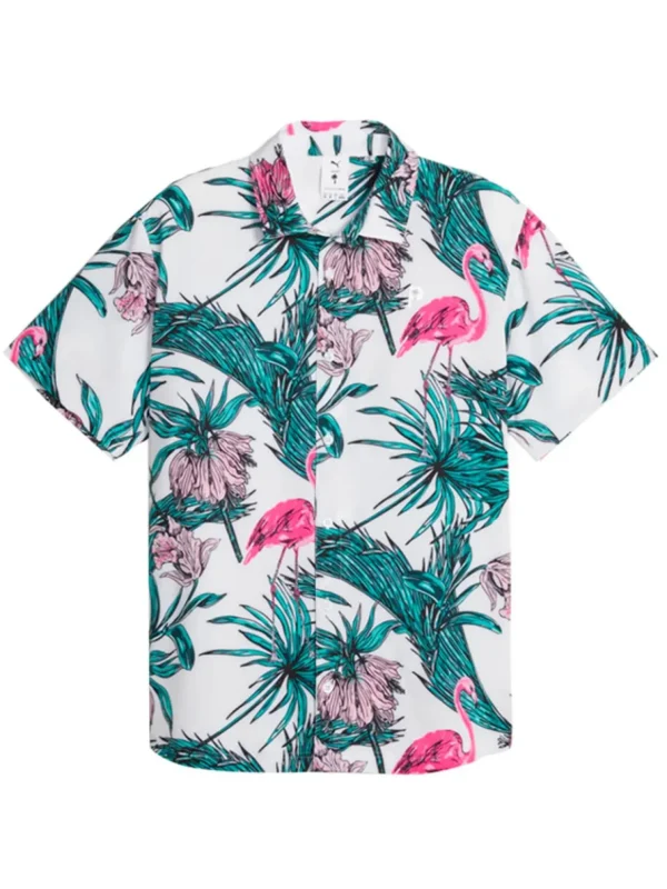 Men Puma Shirts< X Palm Tree Crew Print Button Down Polo - White Glow/Charming Pink