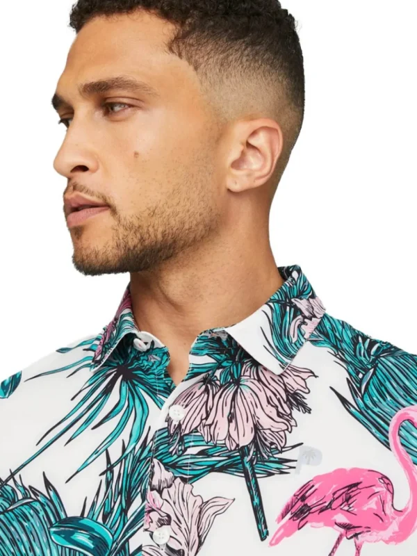 Men Puma Shirts< X Palm Tree Crew Print Button Down Polo - White Glow/Charming Pink