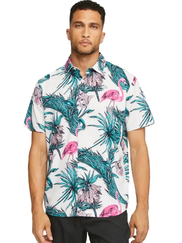 Men Puma Shirts< X Palm Tree Crew Print Button Down Polo - White Glow/Charming Pink